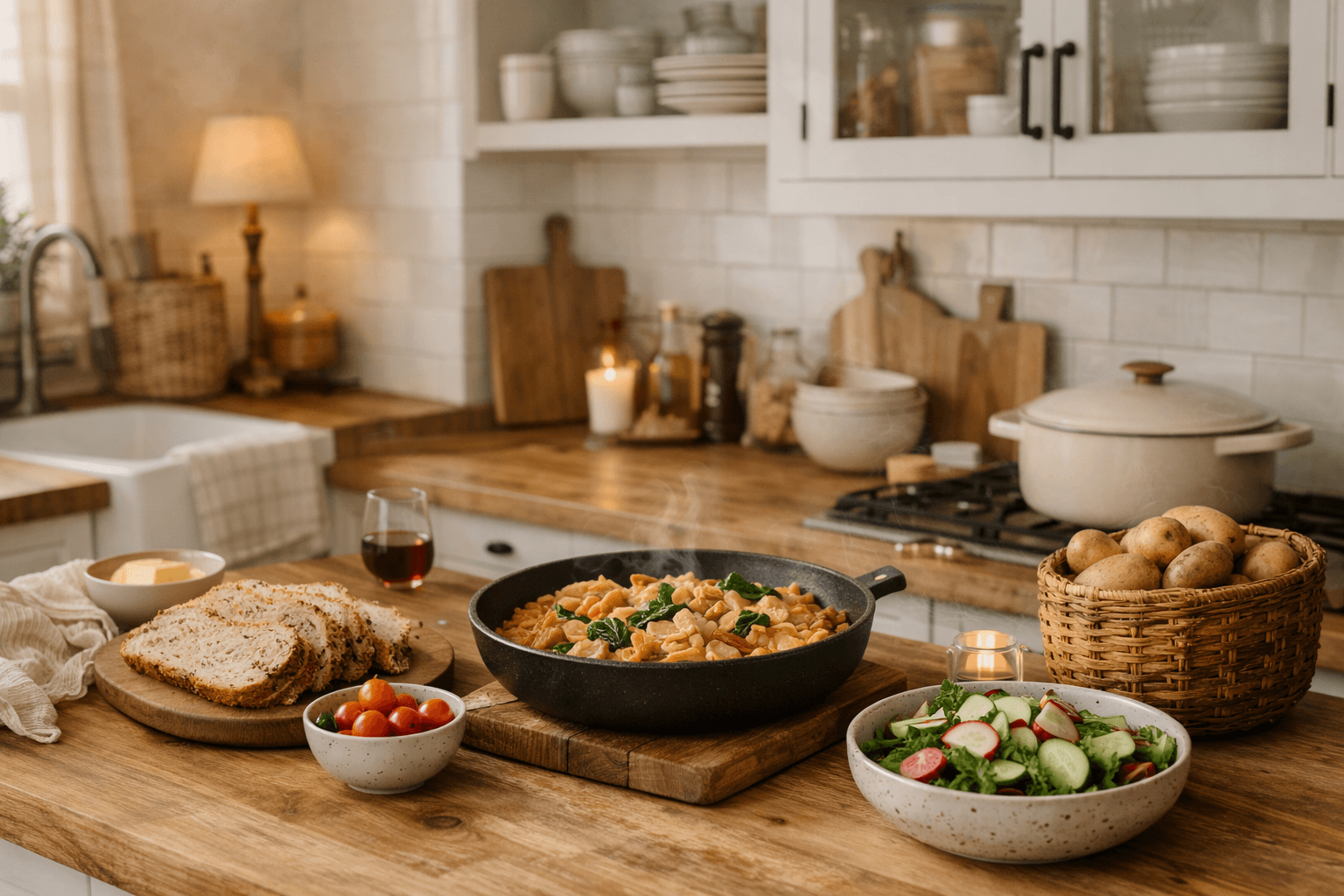 Warm home kitchen scene with hands preparing food